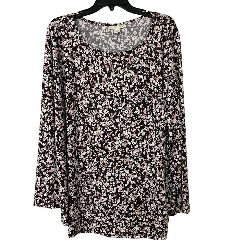 Emaline Brown Ditsy Floral Jersey Knit Top Size 3X Feminine Casual Career